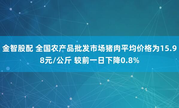 金智股配 全国农产品批发市场猪肉平均价格为15.98元/公斤 较前一日下降0.8%